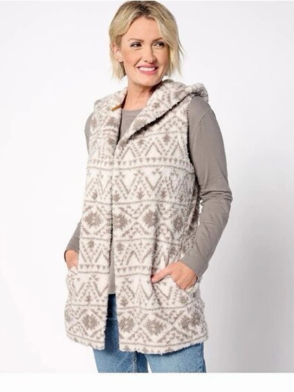 Koolaburra by UGG cozy sherpa hooded vest open-front geometric design SZ Plus 4X